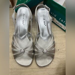 David Tate Silver Satin Heels with Rhinestone Accent